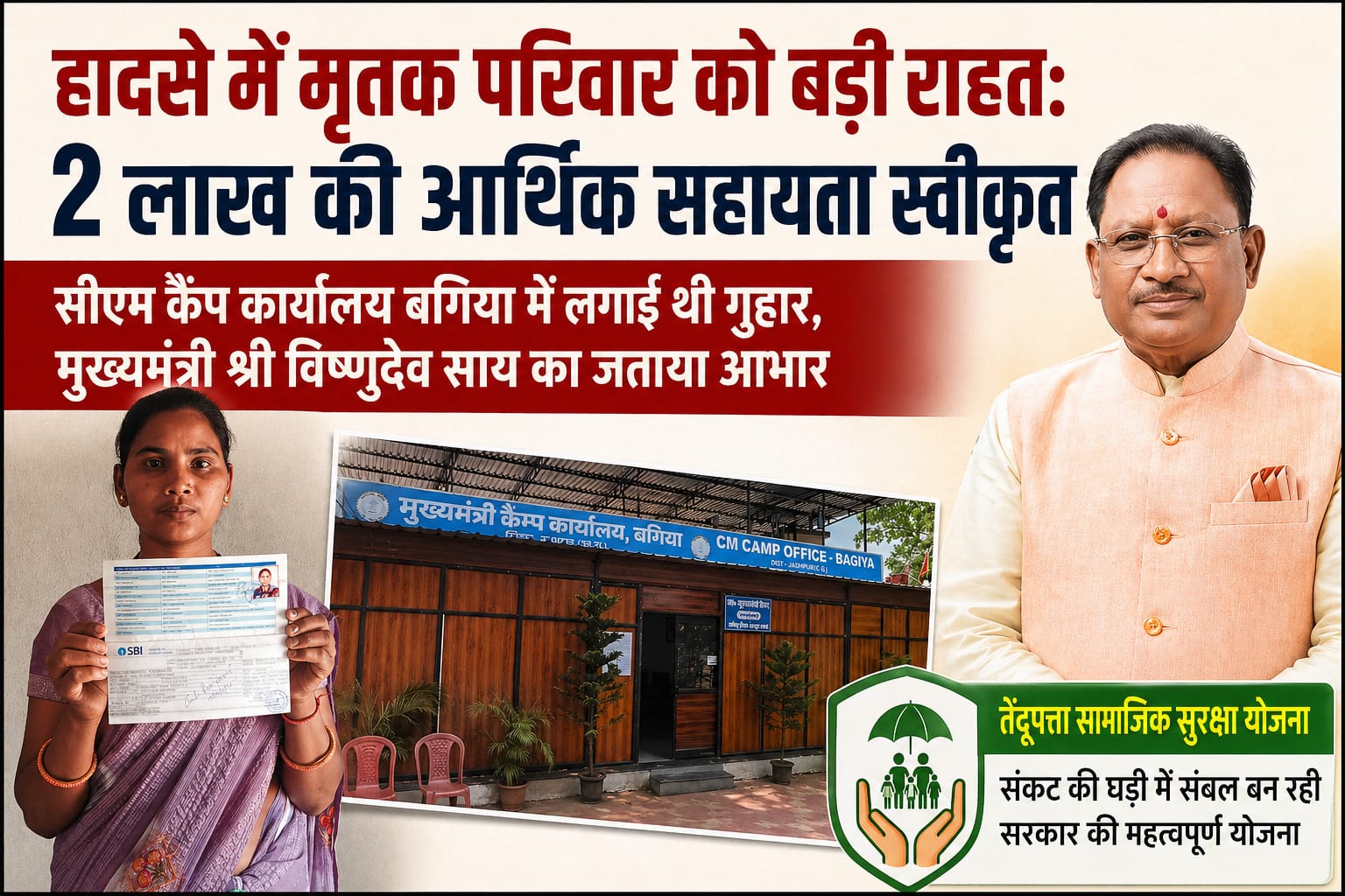 हादसे में मृतक परिवार को बड़ी राहत: 2 लाख की आर्थिक सहायता स्वीकृत, सीएम कैंप कार्यालय बगिया में लगाई थी गुहार, परिजनों ने मुख्यमंत्री श्री विष्णुदेव साय का जताया आभार