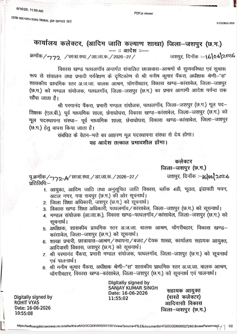 सहायक आयुक्त पर मानसिक प्रताड़ना का आरोप लगाने वाले मंडल संयोजक हटाए गए, मनीष पैंकरा को मिला पत्थलगांव का प्रभार