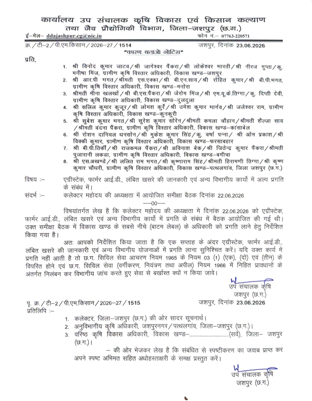 कलेक्टर रोहित व्यास की सख्ती: कृषि विभाग में धीमी प्रगति पर बड़ा एक्शन, 39 ग्रामीण कृषि विस्तार अधिकारियों को जारी हुआ कारण बताओ नोटिस