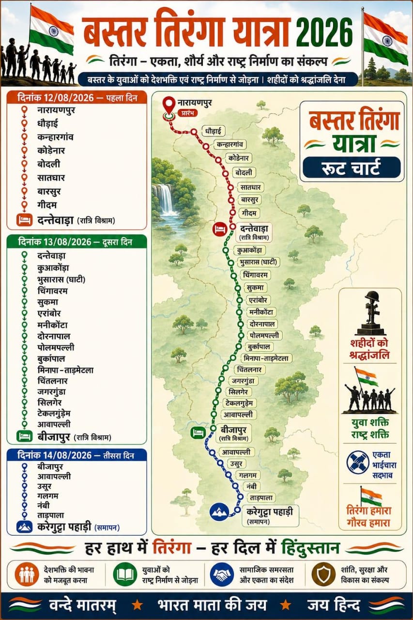 बस्तर की धरती पर लहराएगा तिरंगा, नक्सल हिंसा के पुराने गढ़ों तक पहुंचेगा राष्ट्रभक्ति का संदेश &mdash; 12 से 15 अगस्त तक &lsquo;बस्तर तिरंगा यात्रा ,उपमुख्यमंत्री विजय शर्मा होंगे शामिल, महिला बाइकर्स भी संभालेंगी तिरंगा