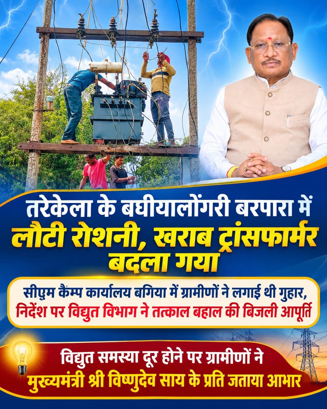 बिजली संकट से परेशान बघीयालोंगरी बरपारा के ग्रामीणों को मिली बड़ी राहत, सीएम कैम्प कार्यालय बगिया में आवेदन के बाद मुख्यमंत्री विष्णुदेव साय के निर्देश पर विद्युत विभाग ने की त्वरित कार्रवाई, ट्रांसफार्मर बदलते ही बहाल हुई बिजली आपूर्ति