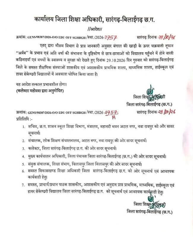 मौसम की मार से पहले बच्चों की सुरक्षा को प्राथमिकता, कलेक्टर पद्मिनी भोई साहू के निर्देश पर जिले के स्कूलों और आंगनबाड़ी केंद्रों में आज छुट्टी