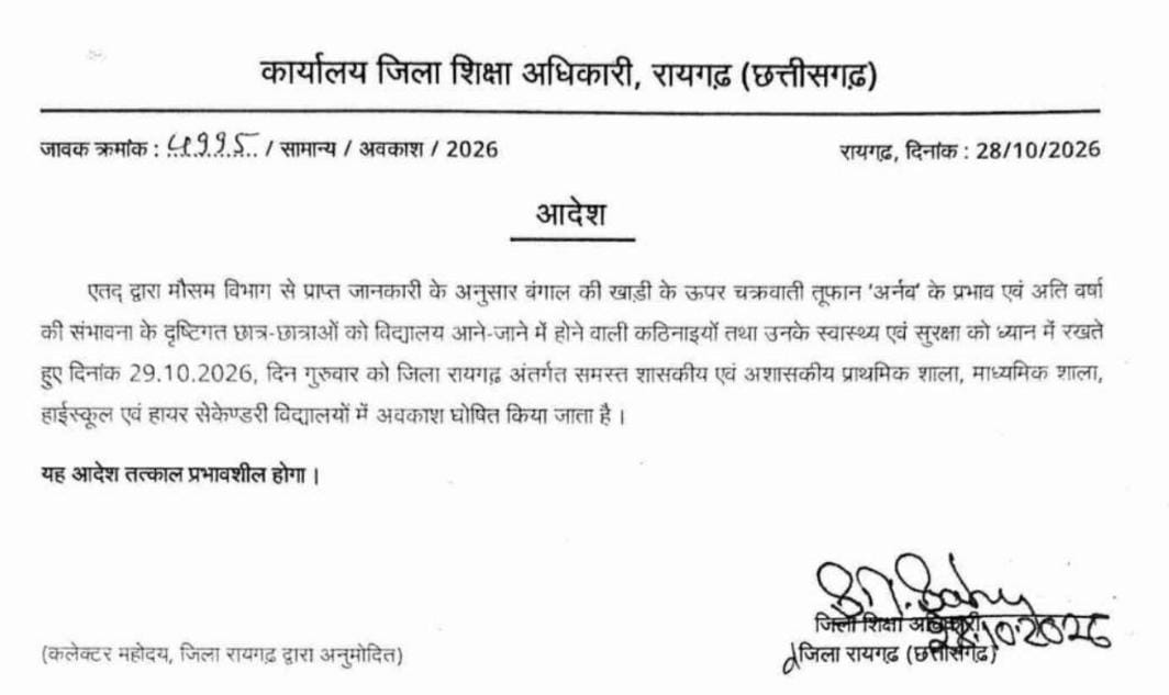 जिले में चक्रवात &lsquo;अर्नब&rsquo; का संभावित असर, भारी बारिश की आशंका के बीच जिला शिक्षा विभाग ने सभी स्कूलों में आज छुट्टी का जारी किया आदेश