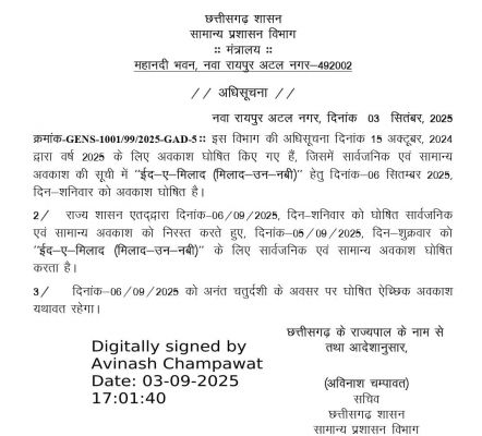ईद-ए-मिलाद की छुट्टी पर बदलाव!6सितम्बर की जगह अब इस दिन मिलेगा अवकाश.....