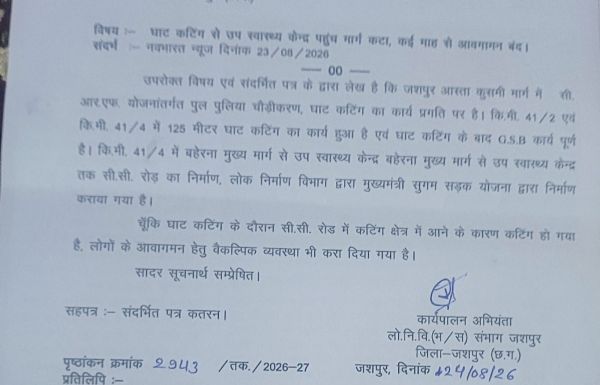 जशपुर-आस्ता-कुसमी मार्ग पर पुल-पुलिया चौड़ीकरण और घाट कटिंग तेज, प्रभावित सीसी रोड के लिए बनाया गया वैकल्पिक रास्ता