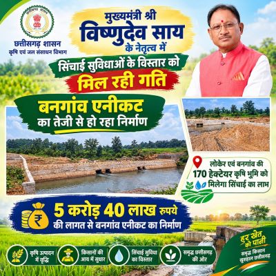 मुख्यमंत्री विष्णुदेव साय की पहल से ग्रामीण कृषि विकास को मजबूती,5.40 करोड़ से बन रहा बनगांव एनीकट; 170 हेक्टेयर खेतों को मिलेगा पानी,किसानों को मिलेगी बड़ी राहत