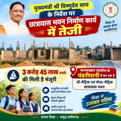 मुख्यमंत्री श्री विष्णुदेव साय के निर्देश पर छात्रावास भवन निर्माण कार्य में तेजी, 3 करोड़ 45 लाख रुपये की मिली है मंजूरी, फरसाबहार तहसील के पंडरीपानी में बन रहा प्री-मैट्रिक एवं पोस्ट-मैट्रिक छात्रावास भवन