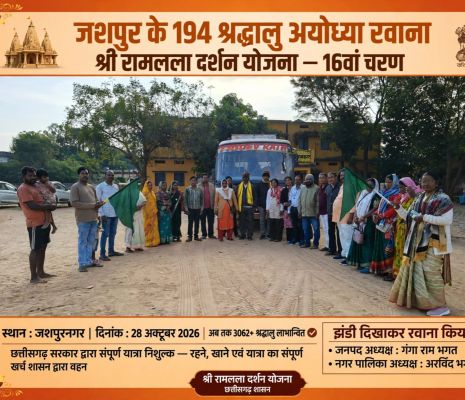 मुख्यमंत्री विष्णुदेव साय की श्री रामलला दर्शन योजना से जशपुर के 194 श्रद्धालु अयोध्या रवाना, अब तक 3062 से अधिक श्रद्धालुओं ने किए प्रभु श्रीराम के दर्शन