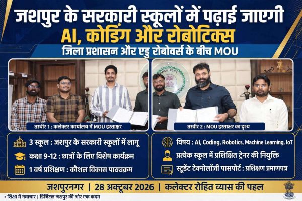 जशपुर के सरकारी स्कूलों में अब पढ़ाई जाएगी आर्टिफिशियल इंटेलिजेंस, कोडिंग और रोबोटिक्स, कलेक्टर रोहित व्यास की पहल से विद्यार्थियों को मिलेगा आधुनिक तकनीक का प्रशिक्षण